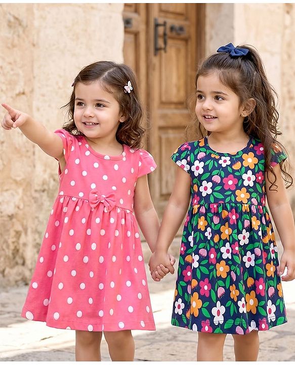Babyhug Single Jersey Knit Cap Sleeves Polka Dot & Floral Printed Frocks With Bow Applique Pack of 2 - Pink & Navy Blue