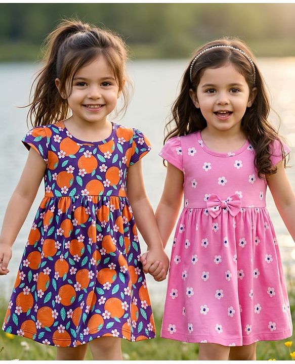 Babyhug Single Jersey Knit Cap Sleeves Floral & Fruit Printed Frocks With Bow Applique Pack of 2 - Pink & Violet