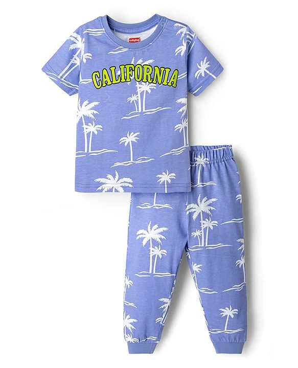Babyhug Cotton Knit Half Sleeves Co-ords Night Suit With Tropical Theme Print - Lavender