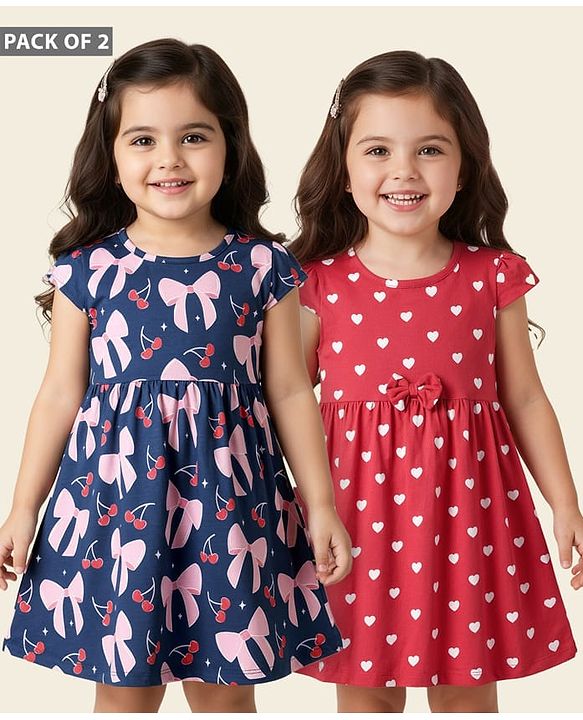 Babyhug Single Jersey Knit Cap Sleeves Frock with Bow & Hearts Print Pack of 2 - Red & Blue