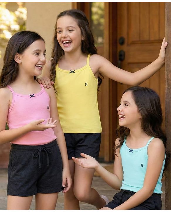 Pine Kids Cotton Elastane Knit Singlet Sleeves Solid Slips Pack of 3 (Color May Vary)