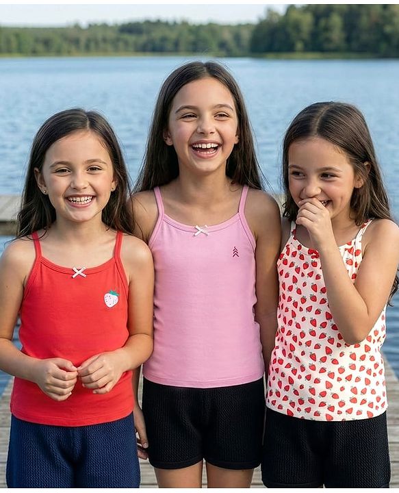 Pine Kids Cotton Elastane Knit Singlet Sleeves Slips With Strawberry Print Pack of 3 (Color May Vary)