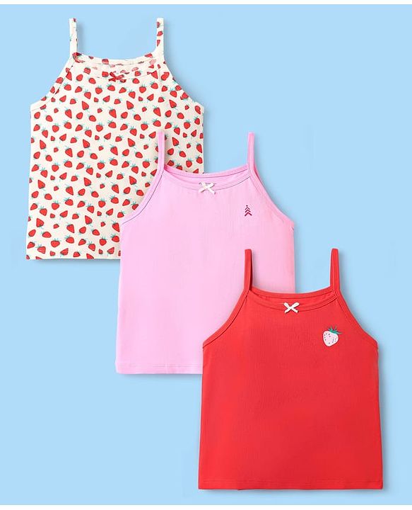 Pine Kids Cotton Elastane Knit Singlet Sleeves Slips With Strawberry Print Pack of 3 (Color May Vary)