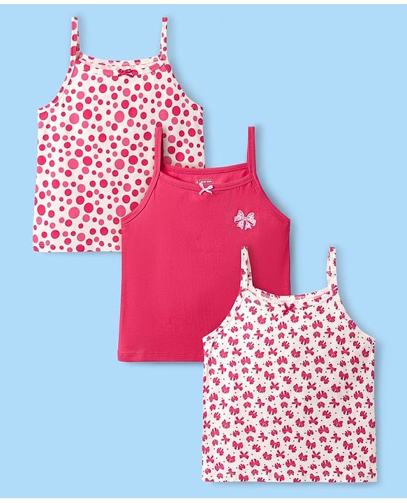 Pine Kids Cotton Elastane Knit Singlet Sleeves Bow & Polka Dot Printed Slips Pack of 3 (Color May Vary)
