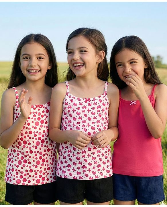 Pine Kids Cotton Elastane Knit Singlet Sleeves Bow & Polka Dot Printed Slips Pack of 3 (Color May Vary)