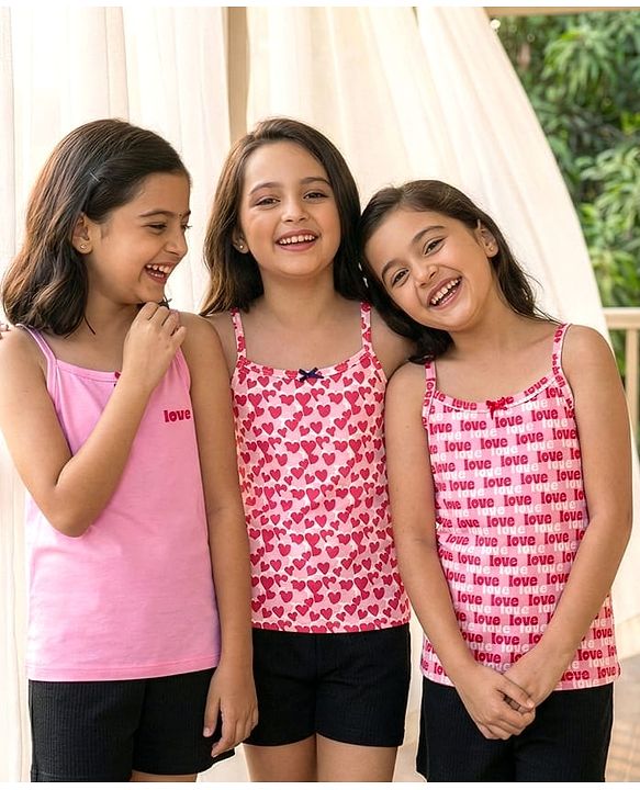 Pine Kids Cotton Elastane Knit Singlet Sleeves Love & Heart Printed Slips Pack of 3 (Color May Vary)