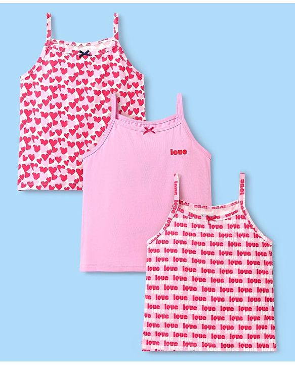 Pine Kids Cotton Elastane Knit Singlet Sleeves Love & Heart Printed Slips Pack of 3 (Color May Vary)