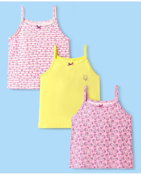 Pine Kids Cotton Elastane Knit Singlet Sleeves Sea Shells Printed Slips Pack of 3 (Color May Vary)