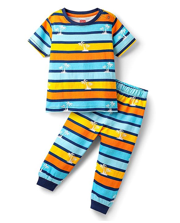 Babyhug Cotton Knit Half Sleeves Striped Co-Ord Night Suit - Multicolor
