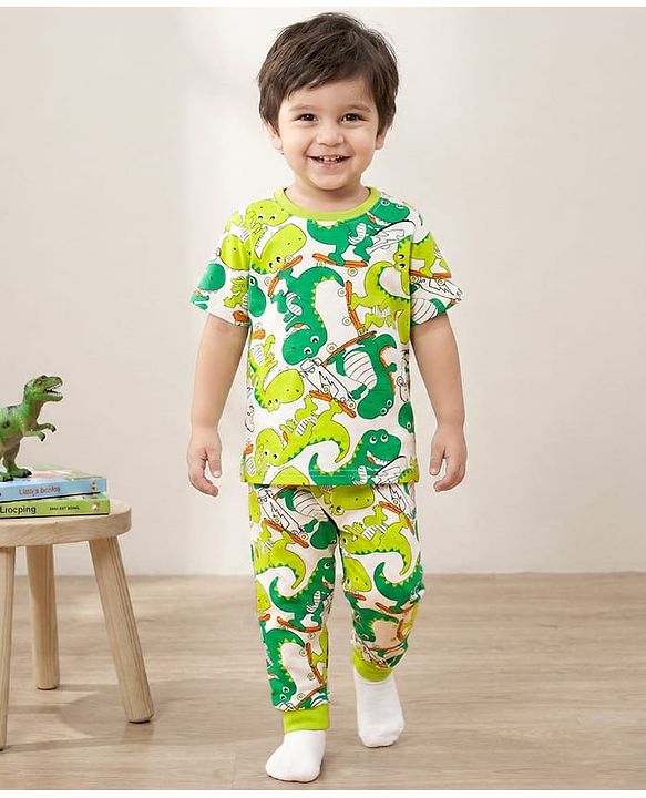 Babyhug Cotton Knit Half Sleeves Co-ords Night Suit With Dino Print - White