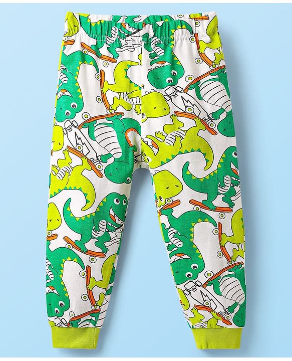 Babyhug Cotton Knit Half Sleeves Co-ords Night Suit With Dino Print - White