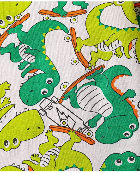 Babyhug Cotton Knit Half Sleeves Co-ords Night Suit With Dino Print - White