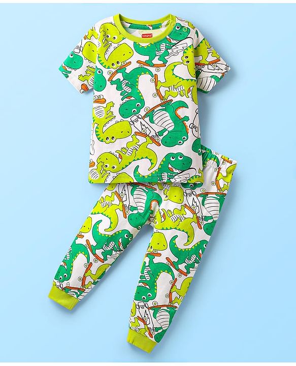 Babyhug Cotton Knit Half Sleeves Co-ords Night Suit With Dino Print - White