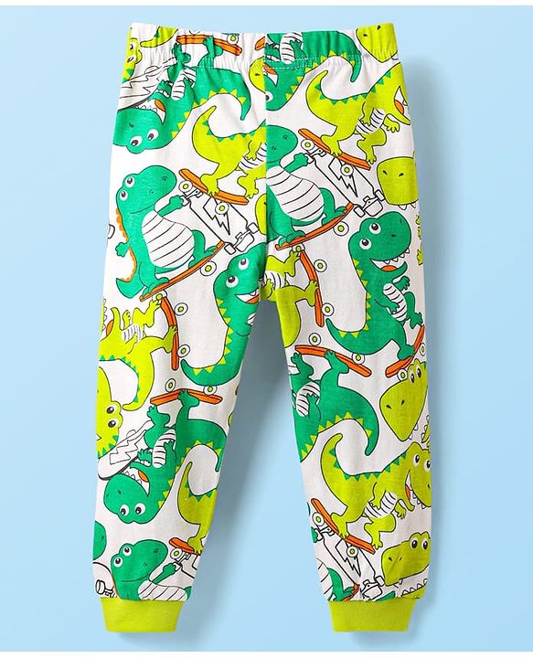 Babyhug Cotton Knit Half Sleeves Co-ords Night Suit With Dino Print - White