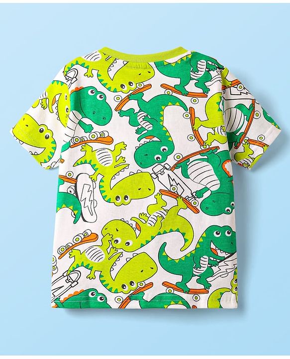 Babyhug Cotton Knit Half Sleeves Co-ords Night Suit With Dino Print - White