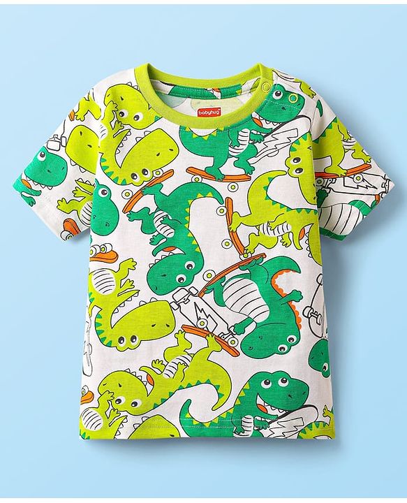 Babyhug Cotton Knit Half Sleeves Co-ords Night Suit With Dino Print - White