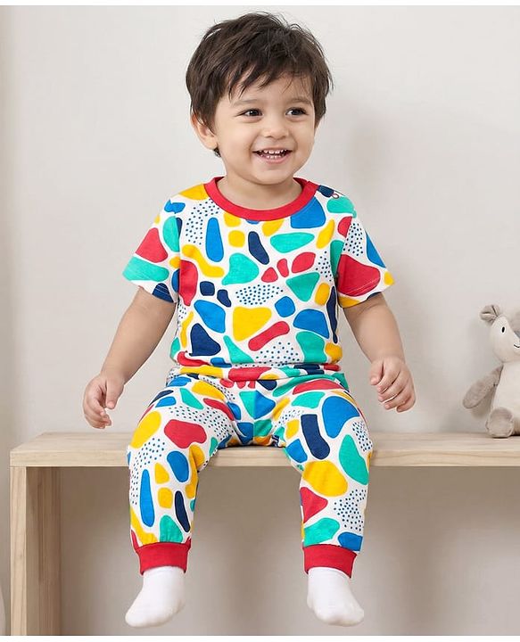 Babyhug Cotton Knit Half Sleeves Co-ords Night Suit With Abstract Print - Multicolour