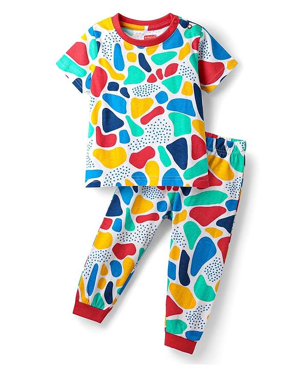 Babyhug Cotton Knit Half Sleeves Co-ords Night Suit With Abstract Print - Multicolour