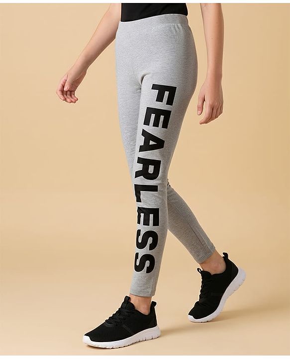 Pine Kids Cotton Lycra Knit Full Length Leggings with Fearless Print - Grey Melange