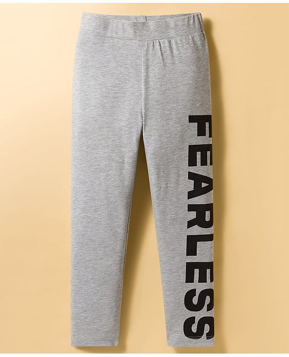 Pine Kids Cotton Lycra Knit Full Length Leggings with Fearless Print - Grey Melange