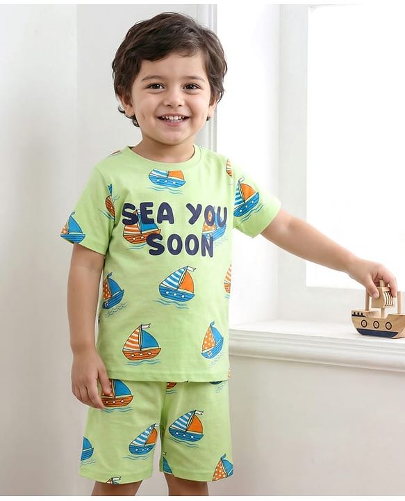 Babyhug Cotton Knit Half Sleeves Shorts Co-Ord Night Suit With Boat Print - Light Green