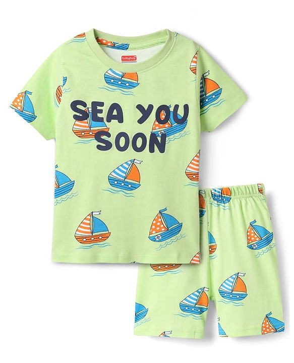 Babyhug Cotton Knit Half Sleeves Shorts Co-Ord Night Suit With Boat Print - Light Green