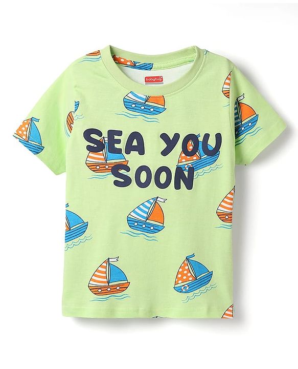 Babyhug Cotton Knit Half Sleeves Shorts Co-Ord Night Suit With Boat Print - Light Green