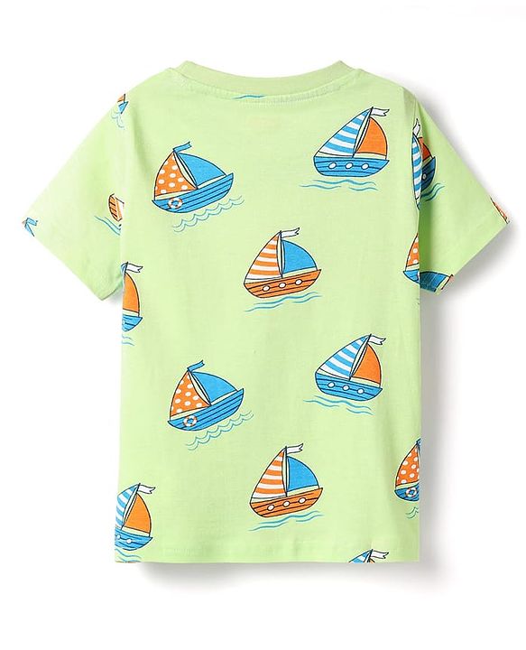 Babyhug Cotton Knit Half Sleeves Shorts Co-Ord Night Suit With Boat Print - Light Green