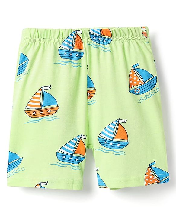 Babyhug Cotton Knit Half Sleeves Shorts Co-Ord Night Suit With Boat Print - Light Green