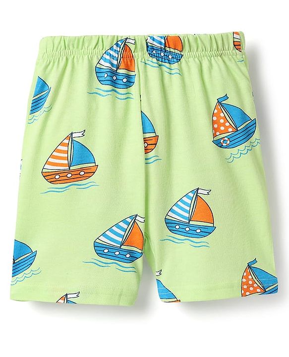 Babyhug Cotton Knit Half Sleeves Shorts Co-Ord Night Suit With Boat Print - Light Green