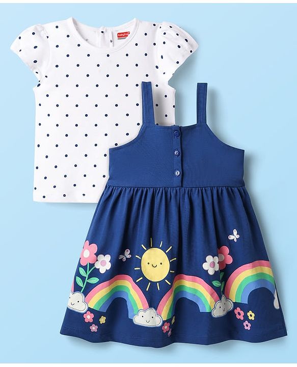 Babyhug 100% Cotton Half Sleeves Polka Dots Printed Inner Tee With Rainbow Printed Frock - Blue & White