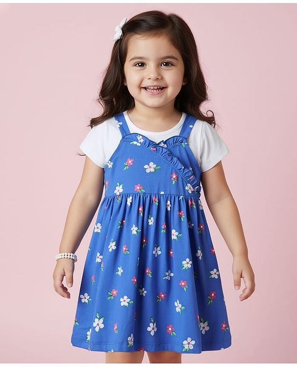 Babyhug Single Jersey Knit  Floral Printed Frock With Half Sleeves Inner Tee - Blue