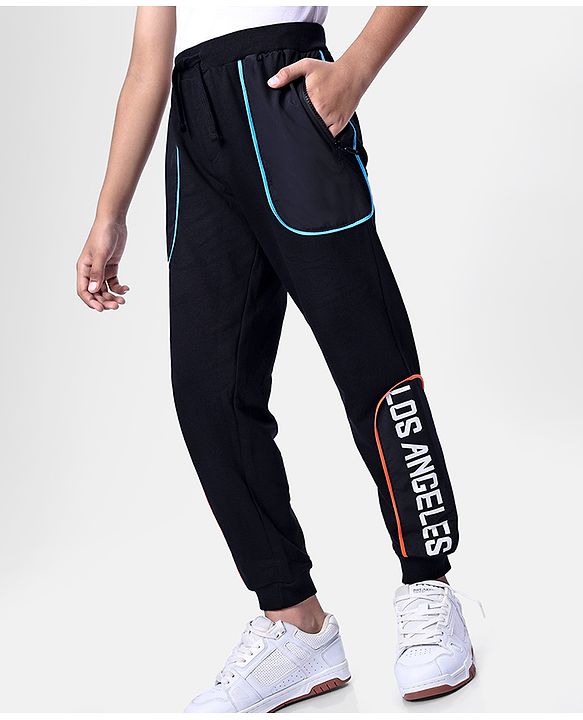 Pine Kids Cotton Knit Full Length Lounge Pant with Text Print & Pipe Detailing - Black