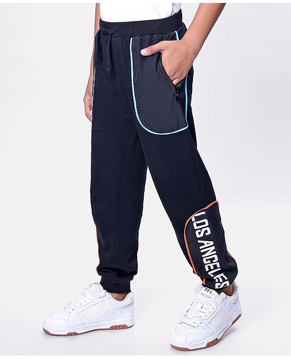 Pine Kids Cotton Knit Full Length Lounge Pant with Text Print & Pipe Detailing - Black