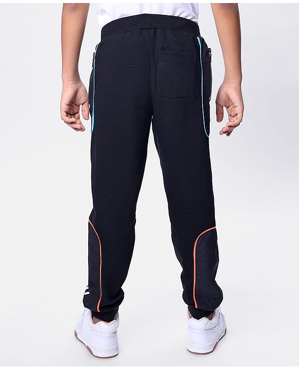 Pine Kids Cotton Knit Full Length Lounge Pant with Text Print & Pipe Detailing - Black
