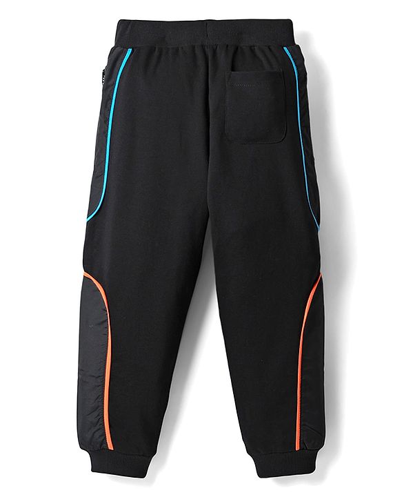 Pine Kids Cotton Knit Full Length Lounge Pant with Text Print & Pipe Detailing - Black