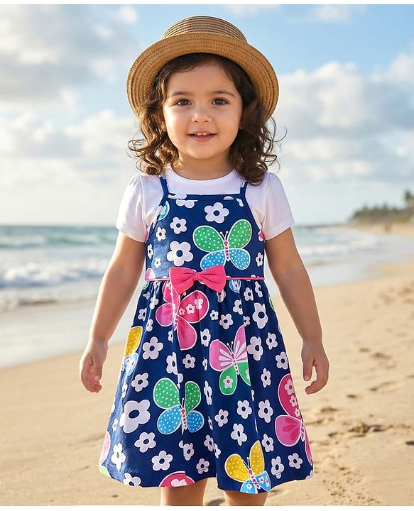 Babyhug Single Jersey Knit Half Sleeves Printed Frock With Inner Tee & Headband - Navy Blue