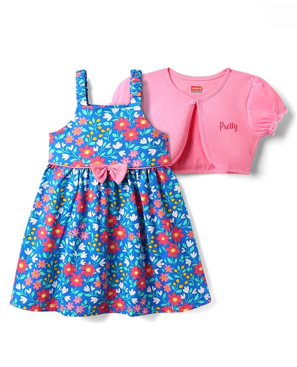 Babyhug Single Jersey Frock & Half Sleeves Shrug With Floral Print & Bow Applique - Blue & Pink