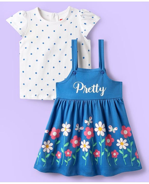 Babyhug 100% Cotton Half Sleeves Polka Dots & Floral Printed Frock With Inner Tee - Blue