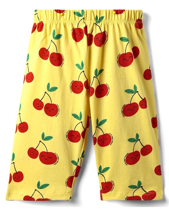 Babyhug  Cotton Knit Half Sleeves Capri Night Suit with Cherry Print - Yellow