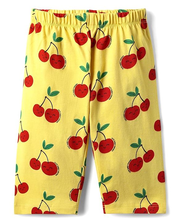 Babyhug  Cotton Knit Half Sleeves Capri Night Suit with Cherry Print - Yellow