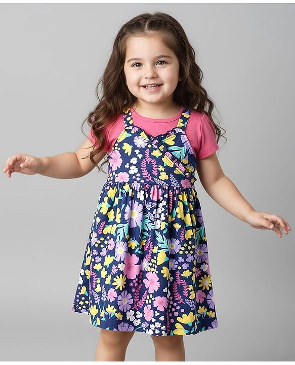 Babyhug Single Jersey Knit Half Sleeves Frock & Inner Tee with Floral Print - Pink & Navy Blue