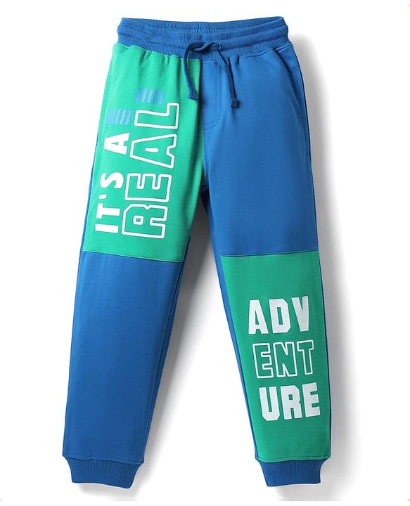 Pine Kids Cotton Knit Full Length Colourblock Lounge Pants - Emerald Green & Blue