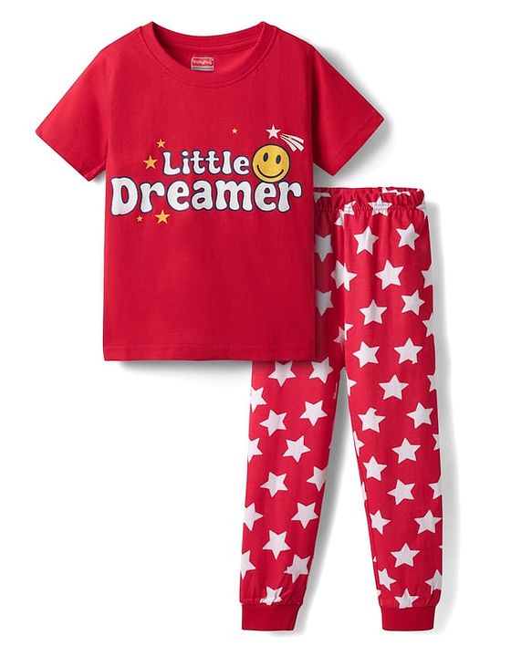 Babyhug Cotton Knit Half Sleeves Night Suit With Text & Star Print - Red