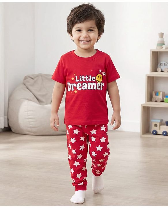 Babyhug Cotton Knit Half Sleeves Night Suit With Text & Star Print - Red