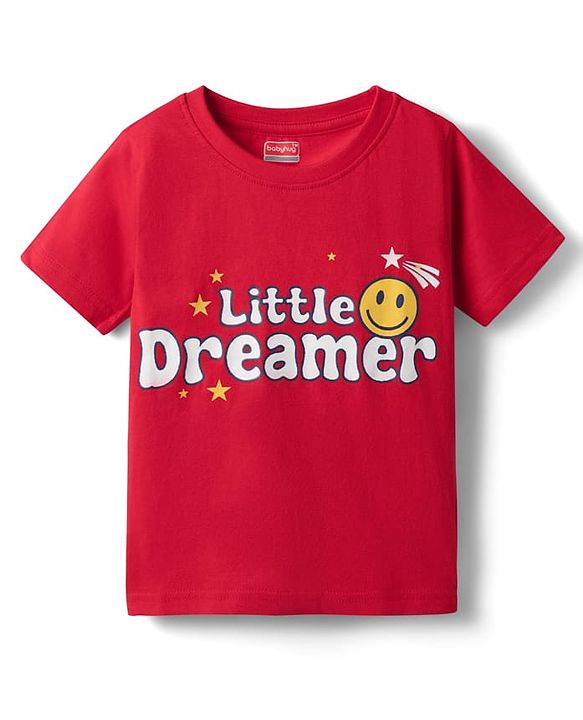 Babyhug Cotton Knit Half Sleeves Night Suit With Text & Star Print - Red