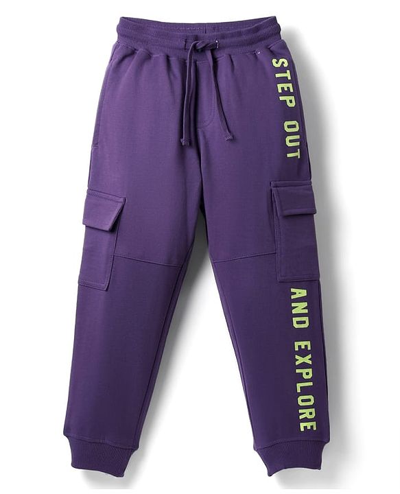 Pine Kids Cotton Knit Full Length Lounge Pant with Text Print - Purple