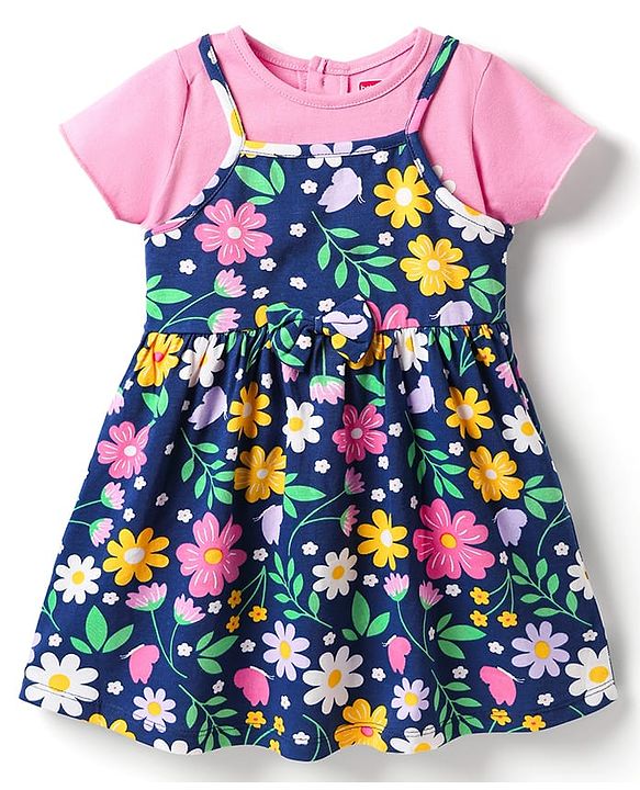 Babyhug Single Jersey Knit Half Sleeves Floral Printed Frock With Inner Tee - Navy Blue