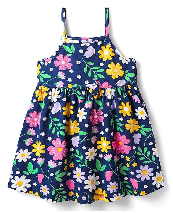 Babyhug Single Jersey Knit Half Sleeves Floral Printed Frock With Inner Tee - Navy Blue