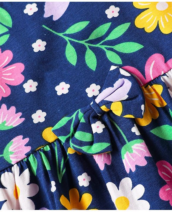 Babyhug Single Jersey Knit Half Sleeves Floral Printed Frock With Inner Tee - Navy Blue